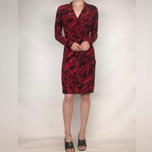 Norma Kamali Dresses & Skirts - Norma Kamali Faux Wrap Jersey Bodycon Dress Red Feather Print Long Sleeve L